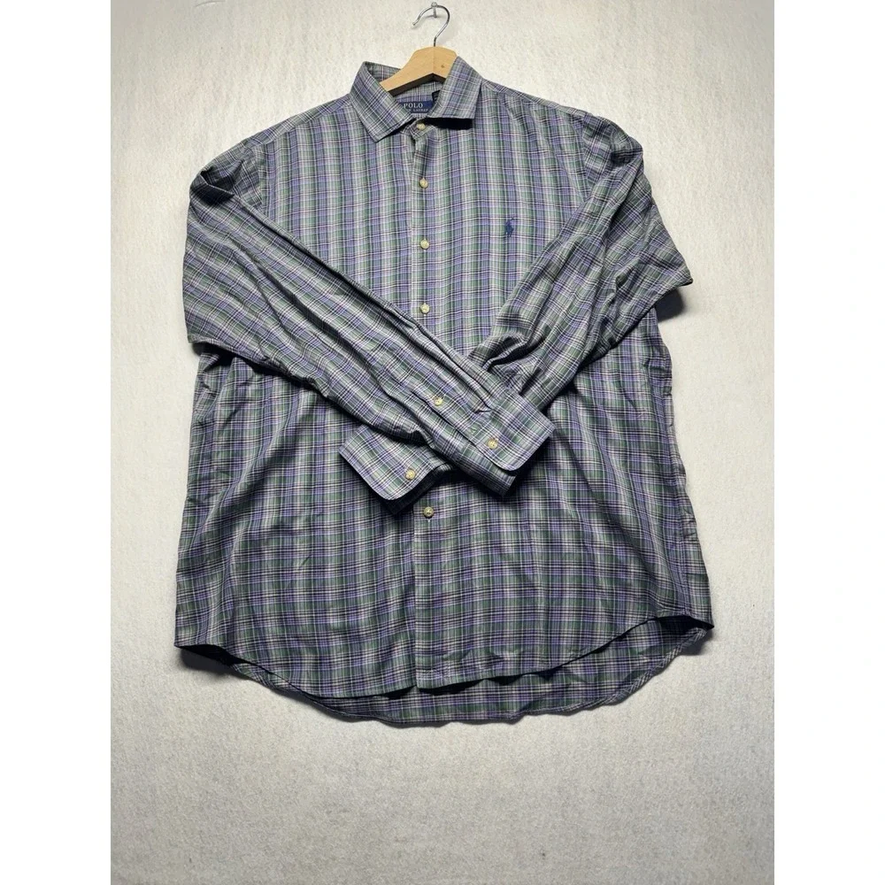 Polo Ralph Lauren Mens L Plaid Button Down Shirt Purple Green Long Sleeve Cotton